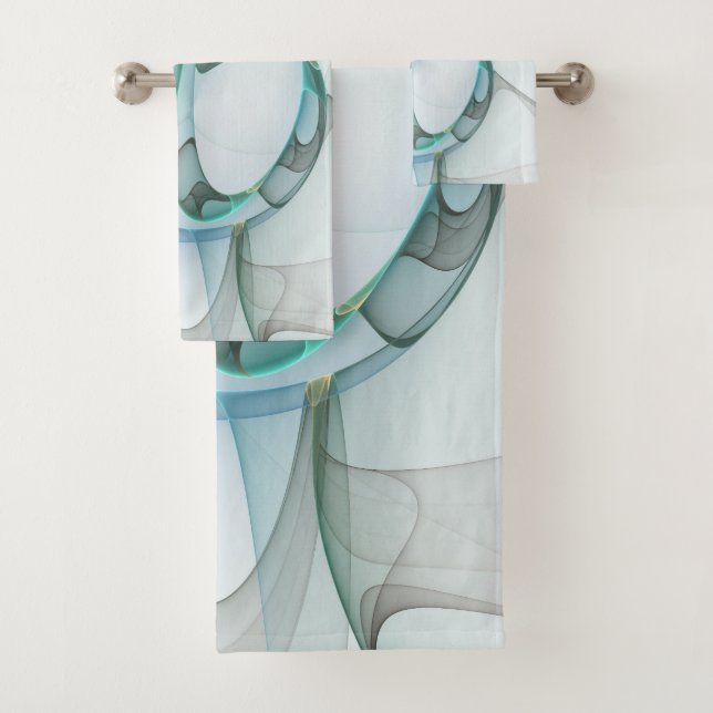 Modern Abstract Fractal Art Blue Turquoise Grey Bath Towel Set (Insitu)