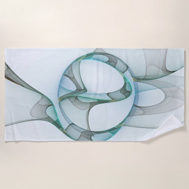 Modern Abstract Fractal Art Blue Turquoise Grey Beach Towel (Front)