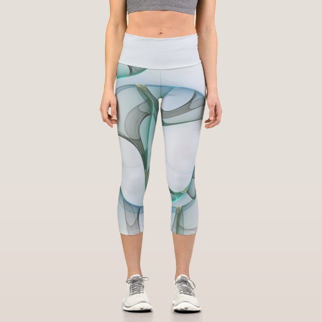 Modern Abstract Fractal Art Blue Turquoise Grey Capri Leggings (Front)