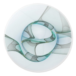 Modern Abstract Fractal Art Blue Turquoise Grey Ceramic Knob