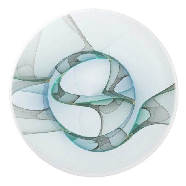 Modern Abstract Fractal Art Blue Turquoise Grey Ceramic Knob (Front)