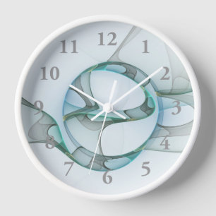 Modern Abstract Fractal Art Blue Turquoise Grey Clock