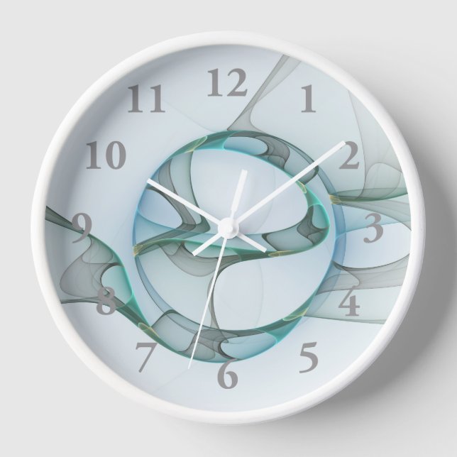 Modern Abstract Fractal Art Blue Turquoise Grey Clock (Front)