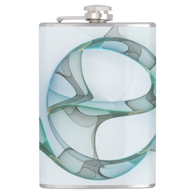 Modern Abstract Fractal Art Blue Turquoise Grey Hip Flask (Front)