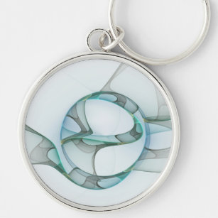 Modern Abstract Fractal Art Blue Turquoise Grey Key Ring