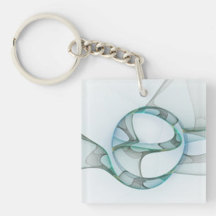 Modern Abstract Fractal Art Blue Turquoise Grey Key Ring