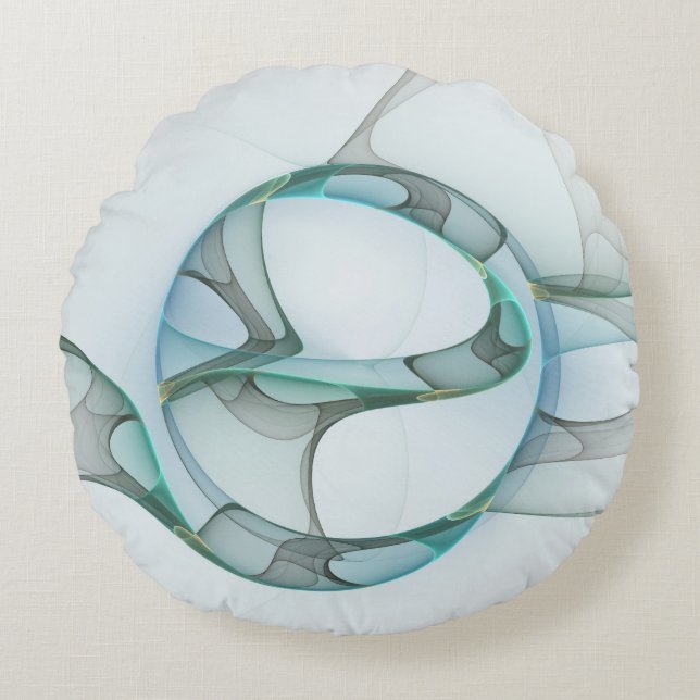 Modern Abstract Fractal Art Blue Turquoise Grey Round Cushion (Front)