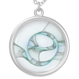 Modern Abstract Fractal Art Blue Turquoise Grey Silver Plated Necklace