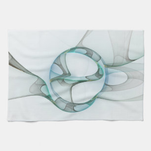 Modern Abstract Fractal Art Blue Turquoise Grey Tea Towel