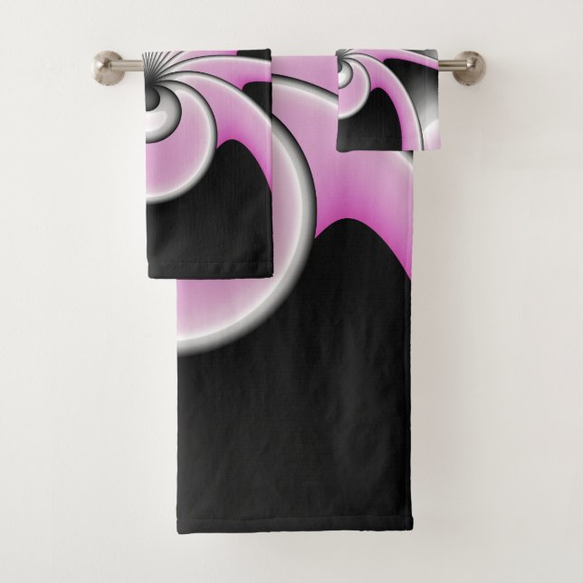 Modern Abstract Fractal Art Pink Grey Black Figure Bath Towel Set (Insitu)