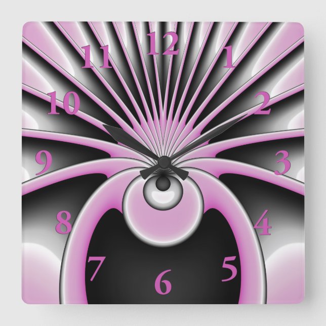 Modern Abstract Fractal Art Pink Grey Black Figure Square Wall Clock (Front)