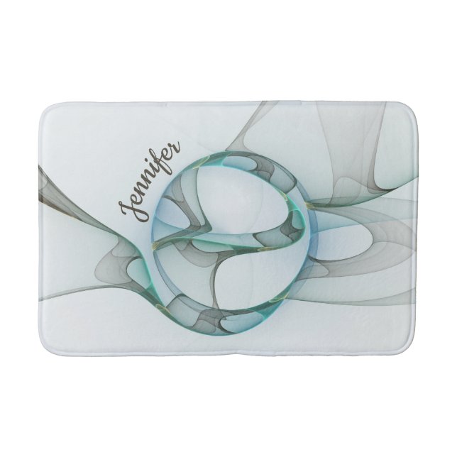 Modern Abstract Fractal Blue Turquoise Grey Name Bath Mat (Front)