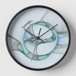 Modern Abstract Fractal Blue Turquoise Grey Name Clock