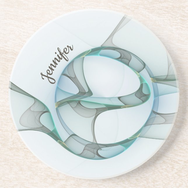 Modern Abstract Fractal Blue Turquoise Grey Name Coaster (Front)