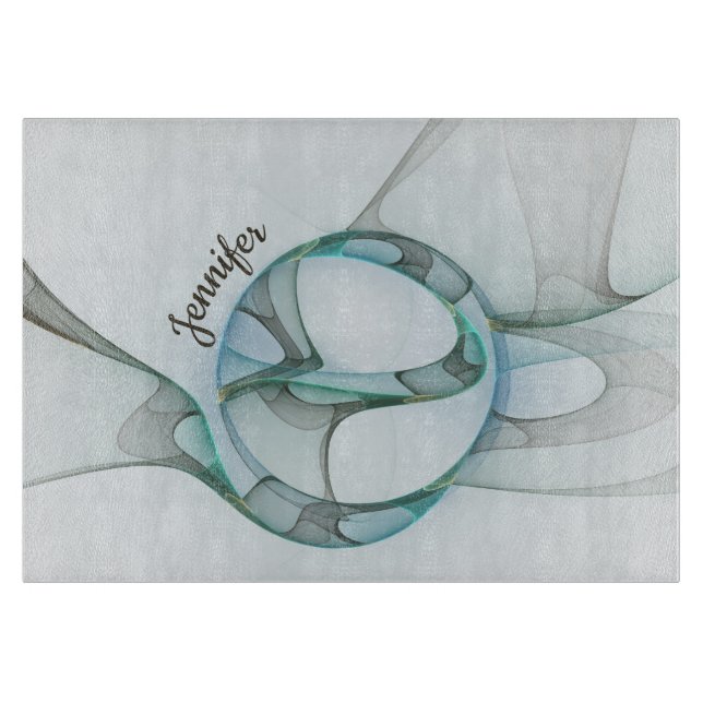 Modern Abstract Fractal Blue Turquoise Grey Name Cutting Board (Front)