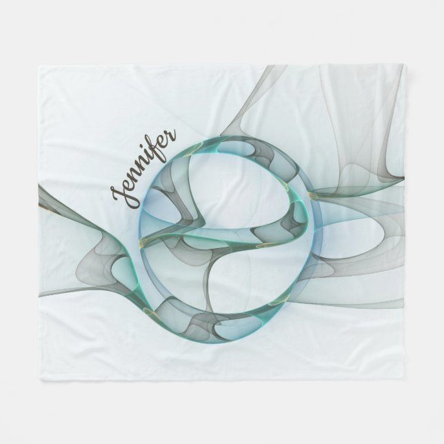 Modern Abstract Fractal Blue Turquoise Grey Name Fleece Blanket (Front (Horizontal))