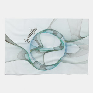 Modern Abstract Fractal Blue Turquoise Grey Name Tea Towel