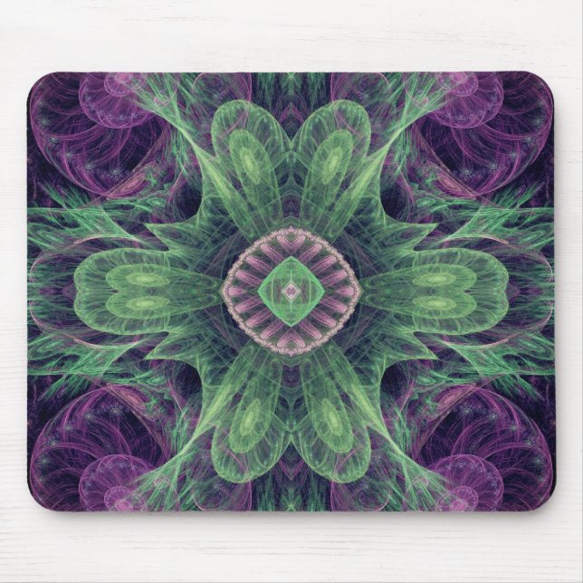 Modern Abstract Fractal Purple and Green Design Mouse Pad (Front)