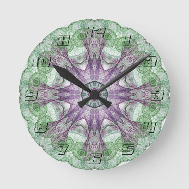 Modern Abstract Fractal Purple and Green Design Round Clock (Front)