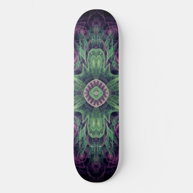 Modern Abstract Fractal Purple and Green Design Skateboard (Front)