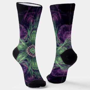 Modern Abstract Fractal Purple and Green Design Socks