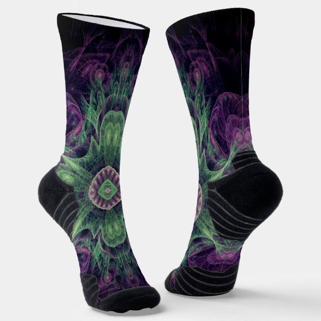 Modern Abstract Fractal Purple and Green Design Socks (Angled)