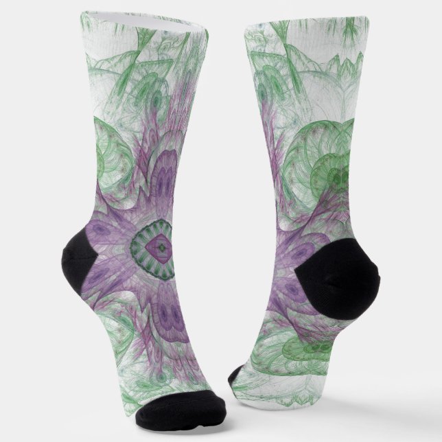 Modern Abstract Fractal Purple and Green Design Socks (Angled)