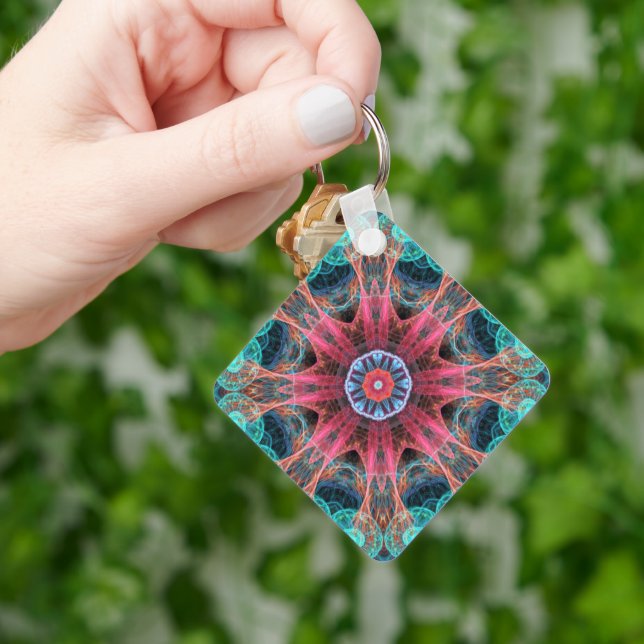 Modern Abstract Fractal Red and Blue Design Key Ring (Hand)