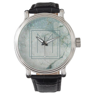 Modern Abstract Framed Monogram Teal Blue Marble Watch