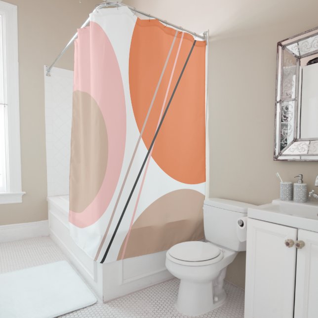 Modern Abstract Geo Pastel Orange Pink Beige Shower Curtain (In Situ)