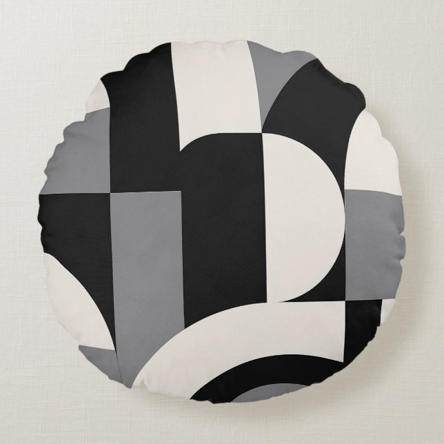 Modern Abstract Geometric Art Pattern in Monochrom Round Cushion (Front)