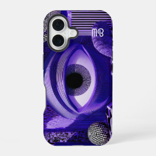 Modern Abstract Geometric Black White Purple Art iPhone 16 Case