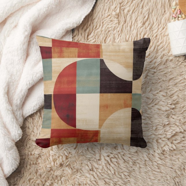 Modern Abstract Geometric Cream, Orange And Green Cushion (Blanket)