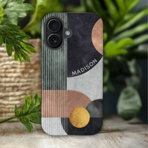 Modern Abstract Geometric Marble Custom Name iPhone 16 Case