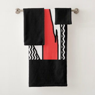 MODERN ABSTRACT GEOMETRIC RED BLACK WHITE BATH TOWEL SET