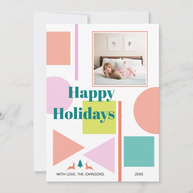 Modern abstract geometric shapes blush, teal photo holiday card (Front)