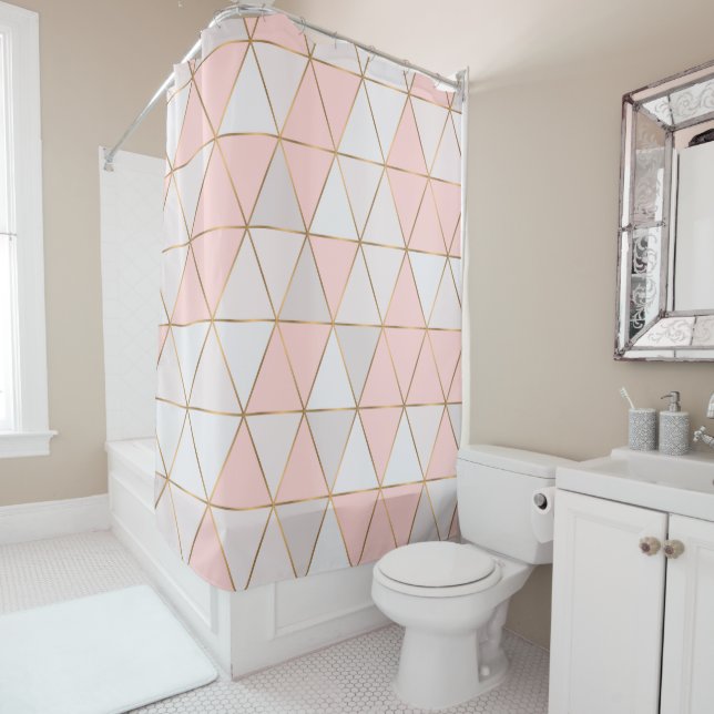 Modern Abstract Geometric Triangles Peach Gold Shower Curtain (In Situ)