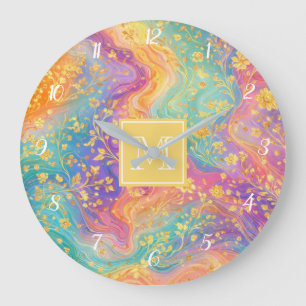 Modern Abstract Glitter Floral Monogram Design Large Clock