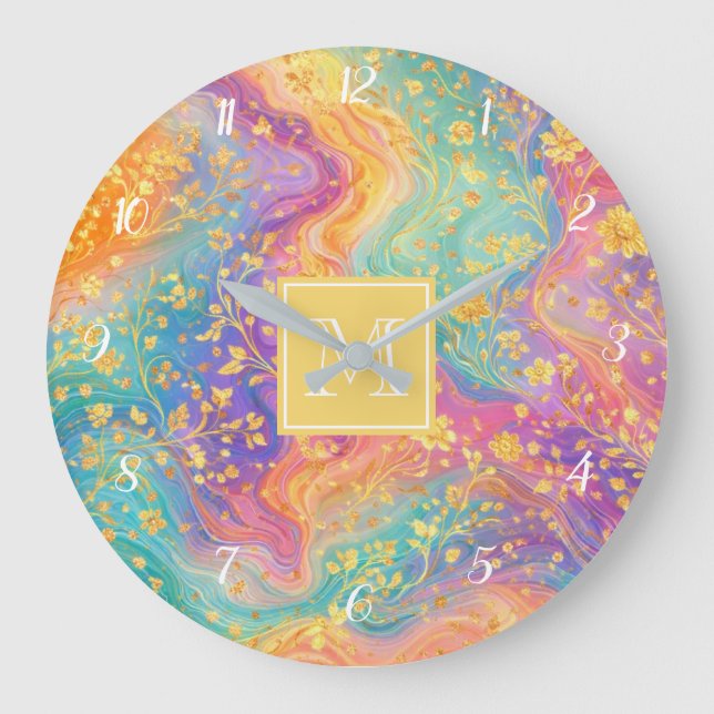 Modern Abstract Glitter Floral Monogram Design     Large Clock (Front)