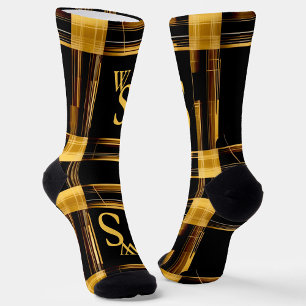 Modern abstract, gold and black plaid monogram socks
