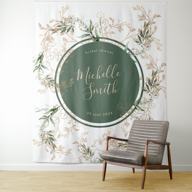 Modern Abstract Gold Eucalyptus Boho Bridal Shower Tapestry (In Situ)