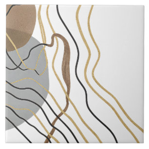 Modern Abstract Gold Line Art Neutral Grey Brown  Ceramic Tile