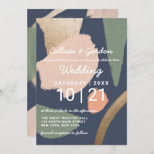 Modern Abstract Gold Navy Pink Sage Wedding Invitation