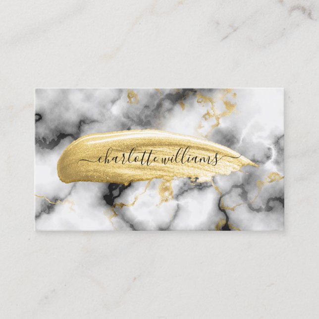 Modern Abstract Gold Paint Brush Stroke Marble Business Card (Front)