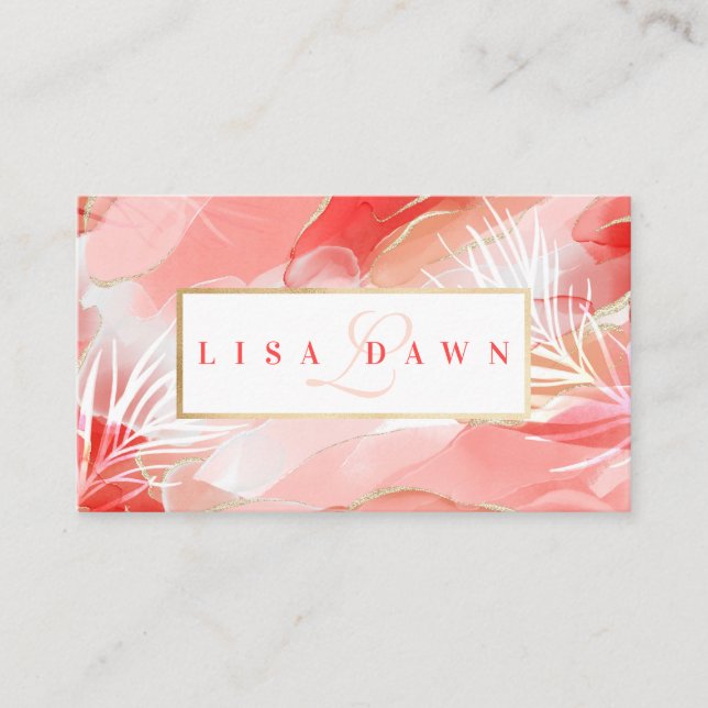 Modern Abstract Gold, Pink & Red Watercolor Ink Business Card (Front)