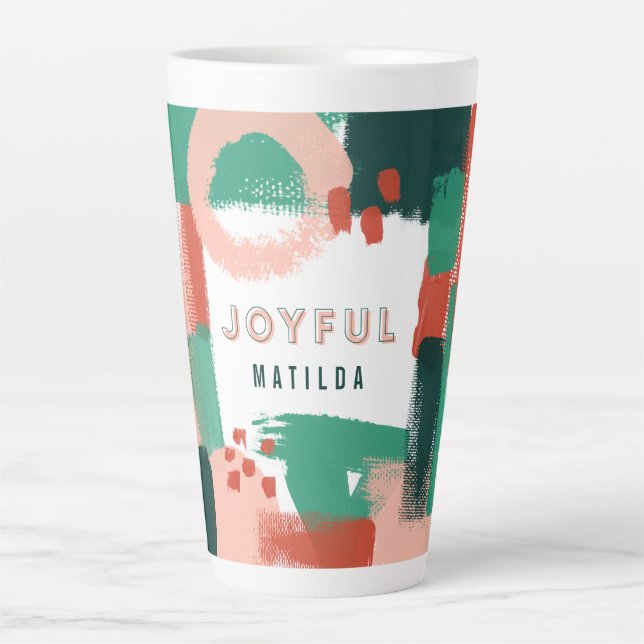 Modern abstract graphic red, pink + green joyful latte mug (Front)