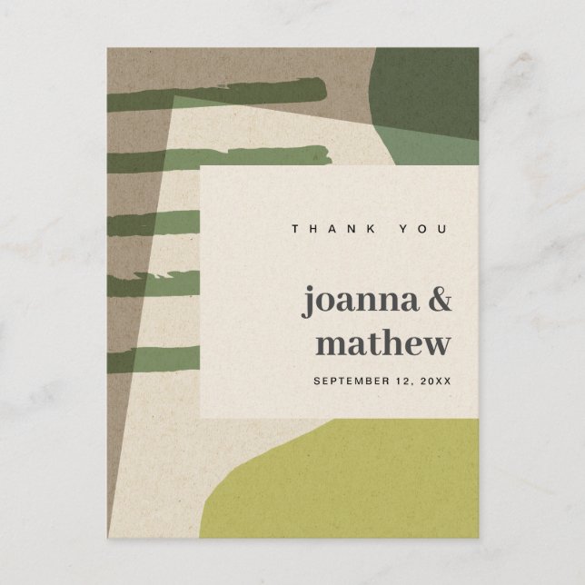 MODERN ABSTRACT GREEN ARTISTIC WEDDING THANK YOU POSTCARD (Front)