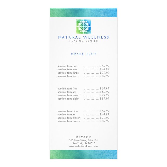 Modern Abstract Green/Blue Floral Logo Wellness Rack Card (Front)