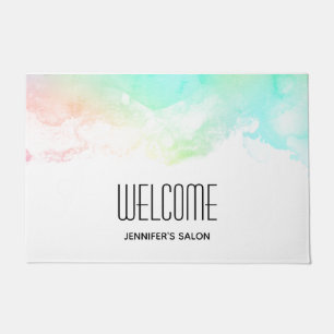 Modern Abstract Green & Blue Watercolor Swirls Doormat