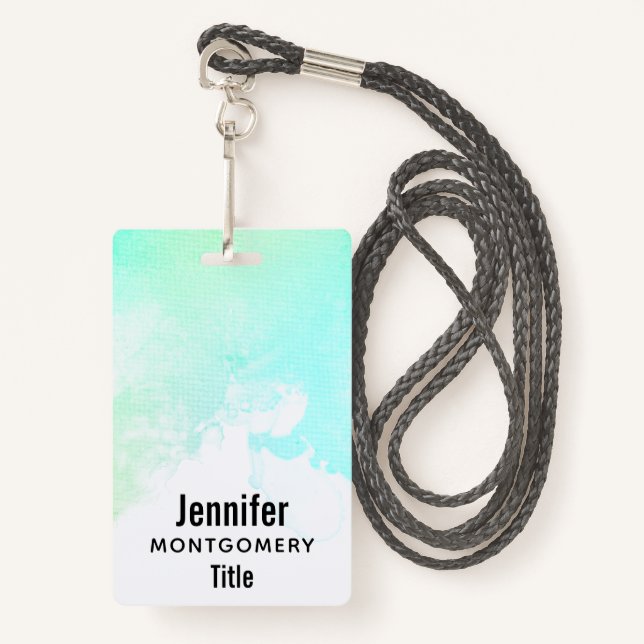 Modern Abstract Green & Blue Watercolor Swirls ID Badge (Front with Lanyard)
